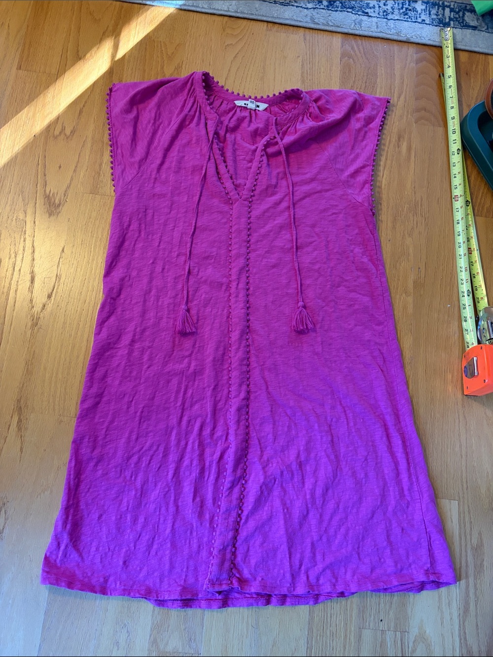 Boden Millie Pom Hot Pink Tassel V-Neck Shift Dress Size 12 Rose Violet